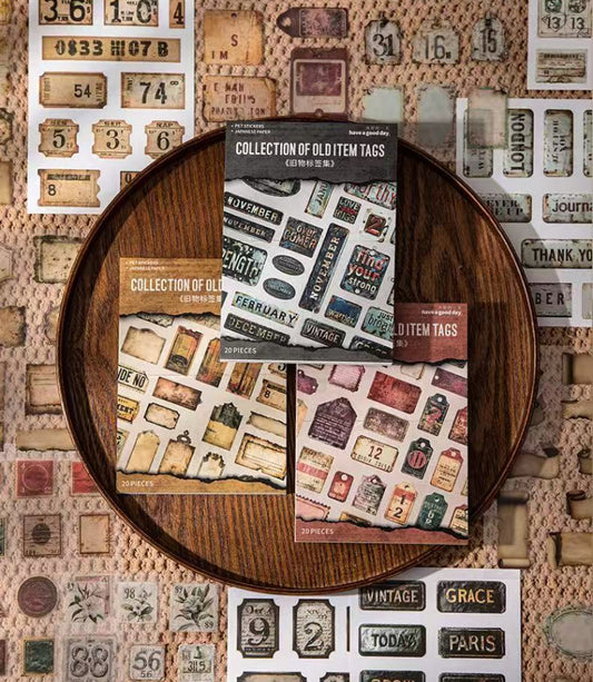 Collection of Old Item Labels PET + Washi Sticker — 20 Sheets