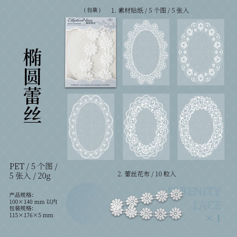 Tranquil Lace Series Large-Size Base Lace Trim Fabric Material Stickers — 5 Sheets