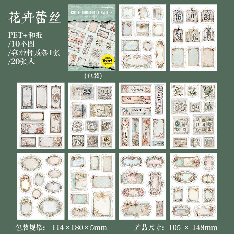 Collection of Old Item Labels PET + Washi Sticker — 20 Sheets