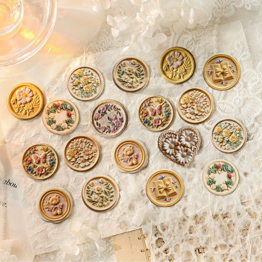 Time Mailbox Series: Floral Wax Seal Embossed Stickers — 20PCS